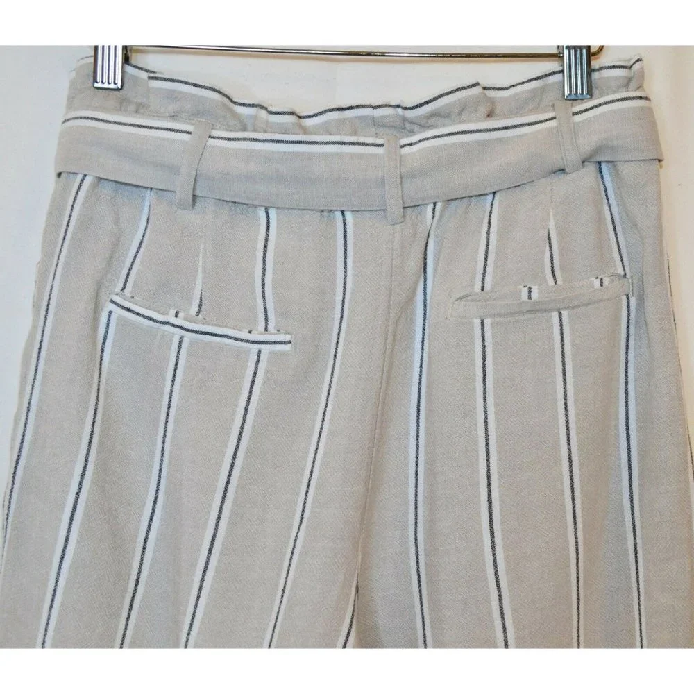 H&M Striped Linen Blend Paperbag Pants Striped Grayish Beige Size 6